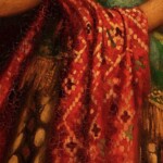 Painting of a young female dancer wearing colorful textiles.